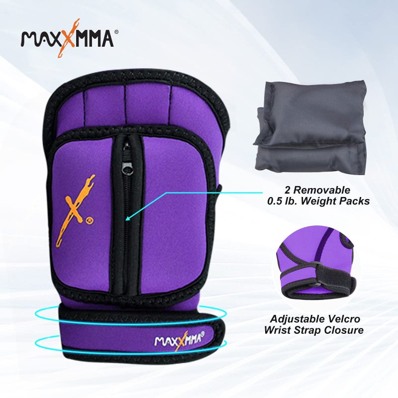 MaxxMMA Adjustable Weighted Gloves, 2 lb. Set - Removable Weight (2 x 0.5 lb. Each Glove) for Sculpting MMA Kickboxing Cardio Aerobics Hand Speed Coordination Shoulder Strength (Purple) - Image 2